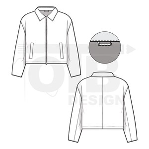 Chaqueta corta con cuello y cremallera, dibujo técnico plano vectorial, ilustración, maqueta en blanco, diseño de plantilla, paquete tecnológico, CAD, ropa de calle, ropa de trabajo, tareas domésticas imagen 2