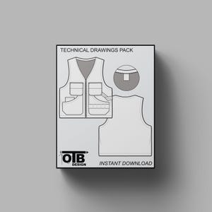 May include: Technical drawings pack for a vest with multiple pockets. The pack includes a front view and a back view of the vest. The text "OTB DESIGN" and "INSTANT DOWNLOAD" are at the bottom of the image.