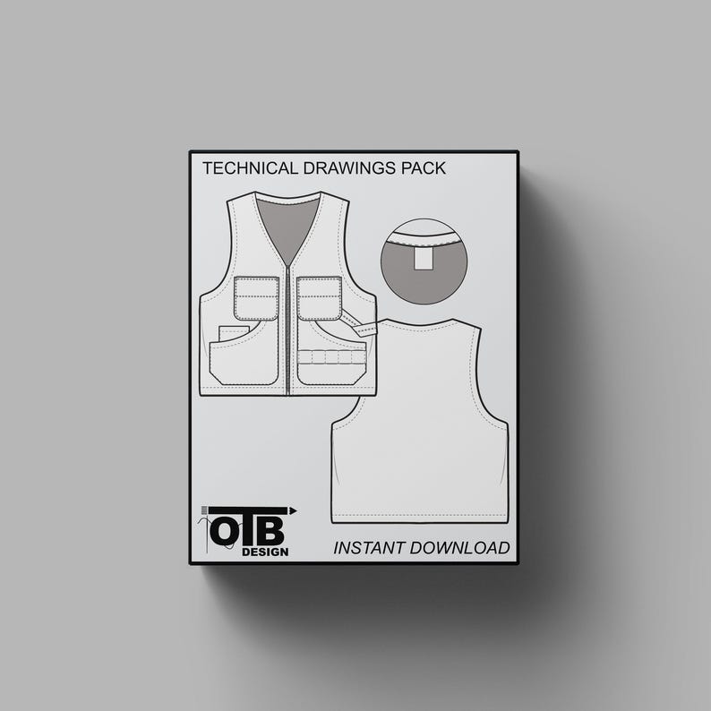 Painters Vest Zip Work Jacket Flat Technical Drawing Illustration Mock-up Template for Design Tech Pack Vector CAD Streetwear Editable image 1