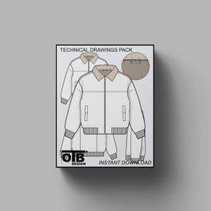 Puede incluir: Paquete de dibujos técnicos para una chaqueta bomber blanca con cuello de piel marrón. El dibujo incluye vistas frontal, posterior y lateral. El texto "OTB DESIGN" y "INSTANT DOWNLOAD" está en la parte inferior de la imagen.