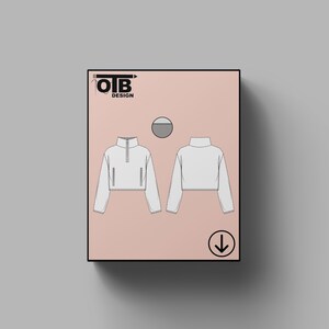 May include: A digital illustration of a white cropped sweatshirt with a mock neck and long sleeves. The sweatshirt has a zipper at the neck and two pockets on the front. The illustration is on a pink background with the text "OTB DESIGN" at the top.