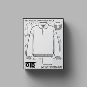 Puede incluir: Paquete de dibujos técnicos para una camisa con cuello y mangas largas. El dibujo muestra las vistas frontal, posterior y lateral de la camisa. El texto "OTB DESIGN" y "INSTANT DOWNLOAD" está incluido en la imagen.