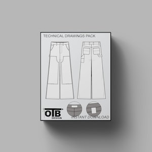 Pantalones de carpintero ultra holgados con doble rodilla, planos, dibujo técnico, ropa de trabajo en blanco, maqueta de ropa de calle, diseño de plantilla, paquete técnico, CAD, ropa de trabajo