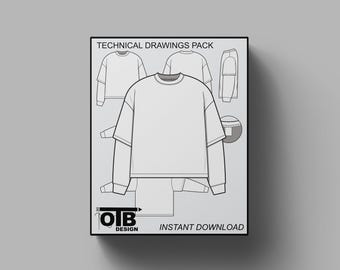 Oversized Layered Long Sleeve T-shirt Vector Flat Technical Drawing Illustration Blank Streetwear Mock-up Template Design Tech Pack