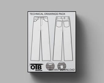 Straight Leg Jeans Flat Technical Drawing Illustration Five Pocket Classic Blank Streetwear Mock-up Template for Design and Tech Packs CAD