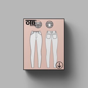 OTB High-Rise Skinny Jeans Vector Flat Technical Drawing Illustration Classic Blank Sketch Mock-Up Template Design Tech Pack Cad image 1