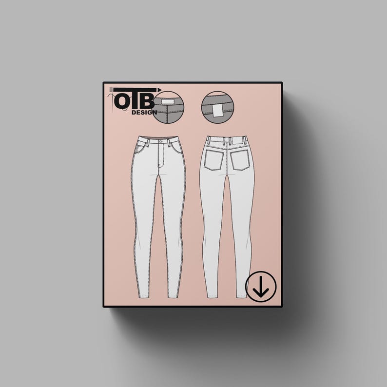 OTB High-Rise Skinny Jeans Vector Flat Technical Drawing Illustration Classic Blank Sketch Mock-Up Template Design Tech Pack Cad image 1