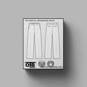 Pleated Pants Vector Flat Technical Drawing Illustration Blank Streetwear Mock-up Template Tech Pack CAD Trousers Streetwear Bottoms