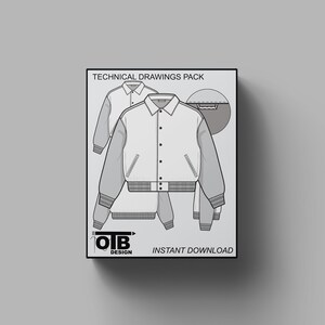 Puede incluir: Paquete de dibujos técnicos para una chaqueta bomber blanca con cuello y mangas grises. La imagen incluye el texto "Technical Drawings Pack" y "Instant Download".