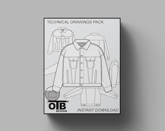 Men / Unisex Jean Denim Jacket Oversized Boxy Flat Technical Drawing Illustration Vector Mockup Template Design for Tech Packs CAD Sketch