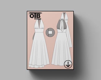 OTB Deep Plunge Halter Neck Maxi Dress With Open Back And Underbust Detail Vector Flat Technical Drawing Mock-Up Template Design Tech Pack C