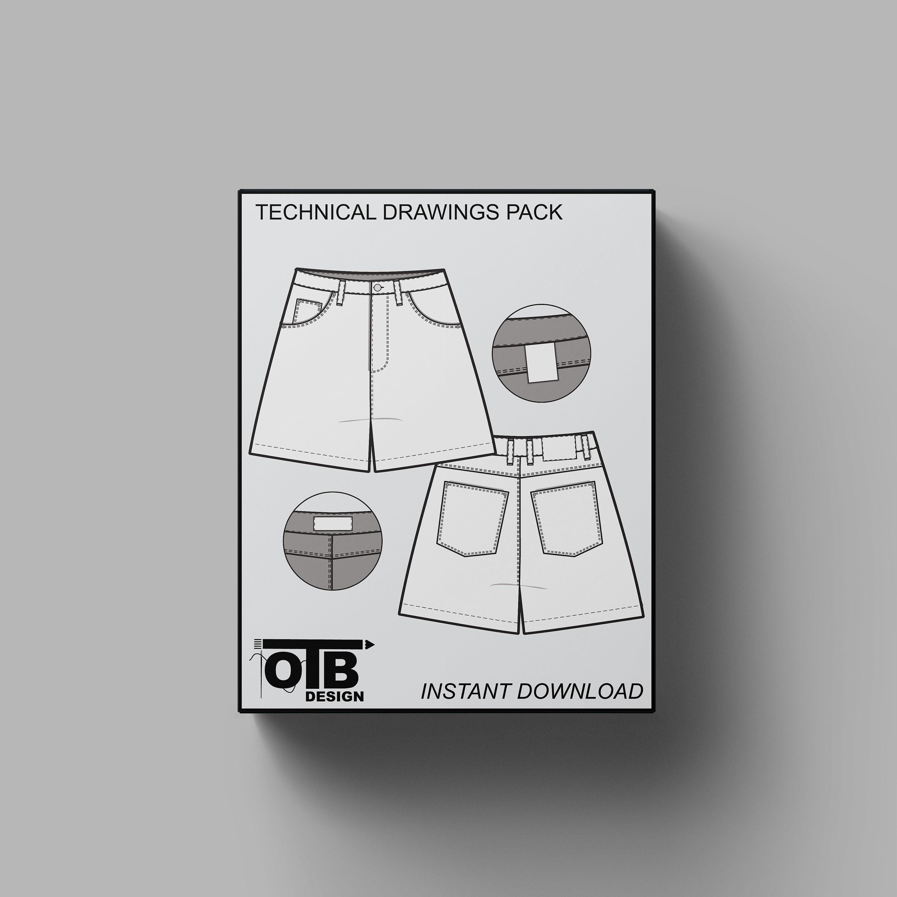 Loose Fit Mid Thigh Jean Shorts Vector Flat Technical Drawing
