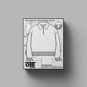Oversized Quarter Zip Collared Sweatshirt Flat Vector Technical Drawing Illustration Mock-up Template Tech Pack Fashion CAD Polo Jumper