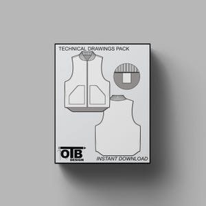 May include: A digital download graphic featuring technical drawings of a vest. The design includes front and back views, a close-up detail, and the text "TECHNICAL DRAWINGS PACK" and "INSTANT DOWNLOAD". The OIB Design logo is also visible.