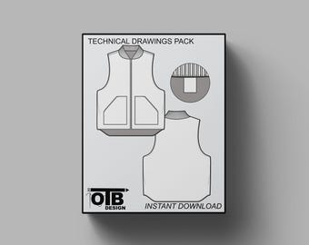 Chaleco de trabajo con cremallera, chaqueta de trabajo, dibujo técnico plano, ilustración, maqueta, plantilla para diseño, paquete técnico, vector CAD, ropa de trabajo editable