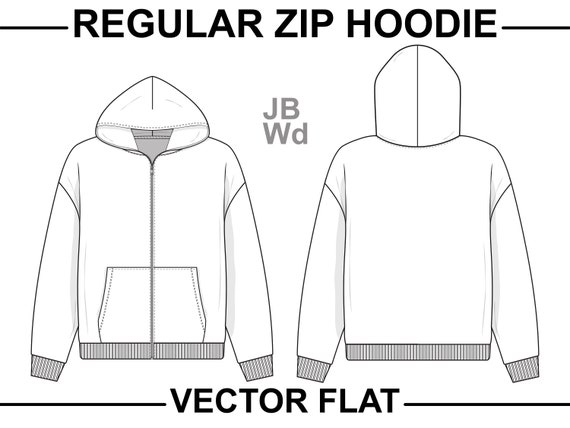 Long sleeve hoodie with zipper technical fashion drawing flat sketch  template front and back view cotton fleece fabric dress  CanStock