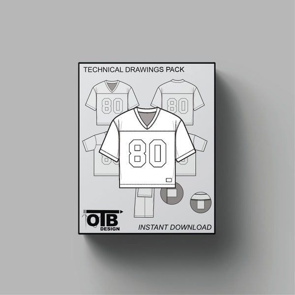 American Football Jersey Vector Flat Technical Drawing Illustration Mock-up Template Design Tech Pack CAD Editable Athletic Streetwear