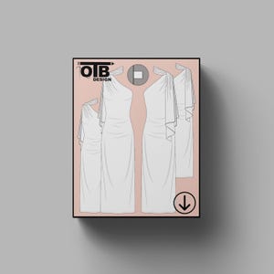 May include: Line drawing illustration of three white sleeveless dresses with one-shoulder necklines and draped fabric details. The illustration is on a pink background with the text "OTB DESIGN" in black.