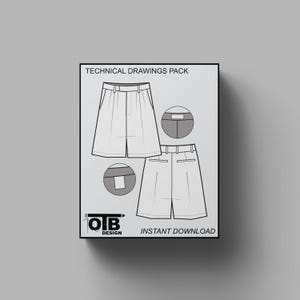 Pleated Shorts Vector Flat Technical Drawing Illustration Blank Streetwear Mock-up Template Tech Pack CAD Bottoms Editable