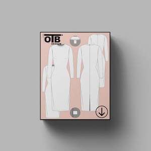 May include: A digital illustration of three white dresses with long sleeves. The dresses are shown in a flat, front-facing view. The illustration is on a pink background with the text "OTB DESIGN" and a download arrow.