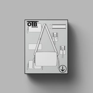 May include: A design illustration of a rectangular crossbody bag with a long adjustable strap. The bag is shown in multiple views, including a front view, side views, and a top view. The design includes a tassel detail and the text "OIB DESIGN".