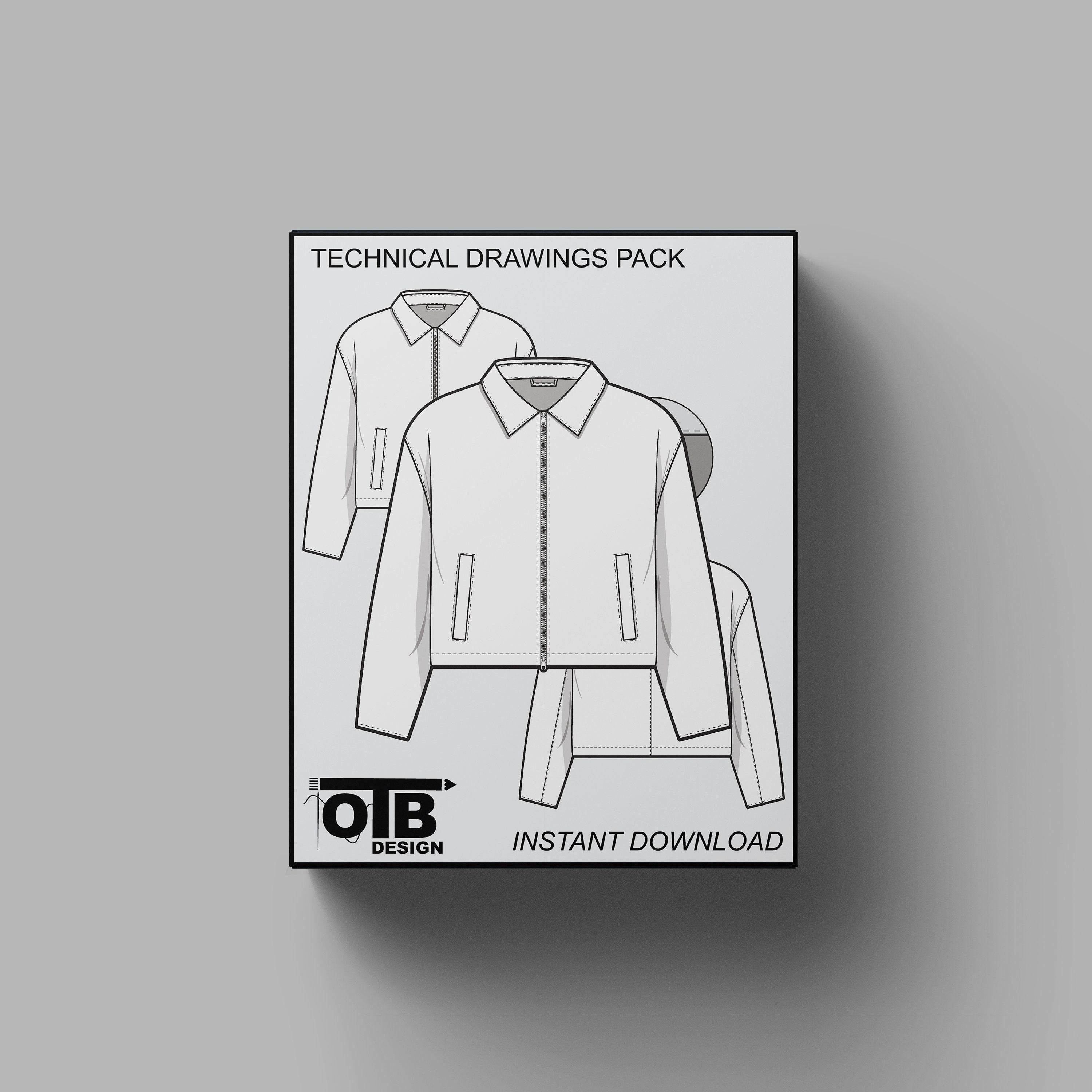 Cropped Collared Zip Jacket Vector Flat Technical Drawing