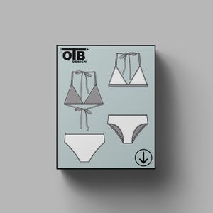 Conjunto de bikini bralette triangular OTB, ilustración de dibujo técnico plano vectorial, boceto clásico en blanco, plantilla de maqueta, diseño, paquete técnico CAD
