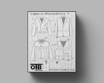 OTB Outerwear Bundle Vectors Technical Drawing Illustration Blank Tech Pack Streetwear Mock-ups Template Fashion Design CAD Tech Pack Jacket