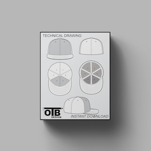 Fitted Cap Hat Vector Technical Drawing Illustration Blank Tech Pack Streetwear Mock-up Template for Fashion Design CAD Brim Baseball Hat