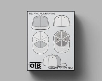 Ilustración de dibujo técnico vectorial de gorra ajustada, paquete tecnológico en blanco, plantilla de maqueta de ropa urbana para diseño de moda, gorra de béisbol con ala CAD