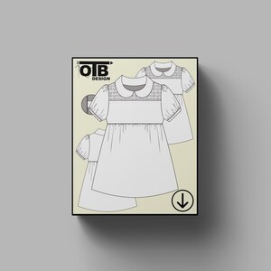 Vestido OTB con cuello Peter Pan, mangas abullonadas y canesú fruncido, dibujo técnico vectorial, boceto, maqueta, plantilla, diseño, paquete técnico, CAD