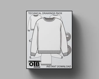 Crewneck Pullover Flache Vektor Technische Zeichnung Illustration Mock-up Vorlage für Design Tech Pack Fashion CAD Streetwear Bearbeitbar