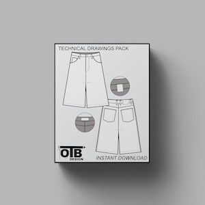 Pantalones cortos vaqueros holgados V2, ilustración vectorial, dibujo técnico plano, cinco bolsillos, plantilla de maqueta de ropa urbana clásica en blanco, paquete tecnológico CAD Denim