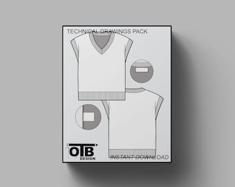 Oversized Pullover Weste Flach Vektor Technische Zeichnung Illustration Mock-up Template-Design Tech Pack Fashion CAD Streetwear