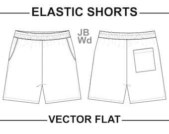 Elastic Shorts Flat Technical Drawing Illustration Blank Streetwear Mock-up Template for Design and Tech Packs CAD With Back Pocket Unisex