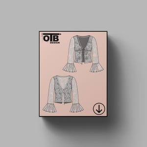 May include: A fashion design illustration of a blouse with bell sleeves and a V-neck. The blouse has a floral pattern and a tie closure. The illustration is on a pink background, with the brand logo "OIB DESIGN" in the upper left corner.