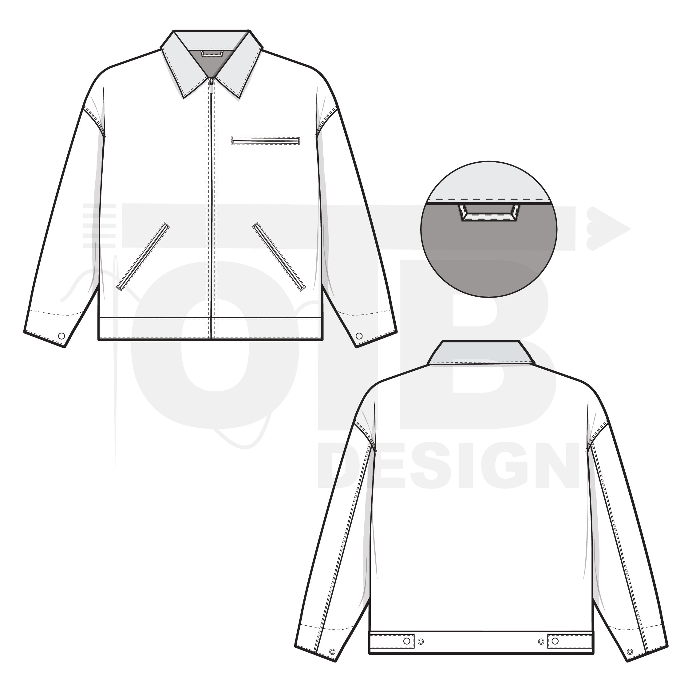 Worker Jacket Pattern V2 Collared Zip Work Jacket Flat Technical Drawing Illustration Mock-up ...