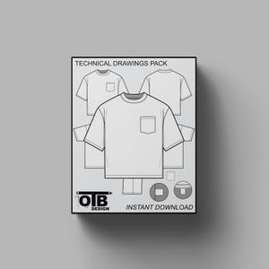 May include: Technical drawings pack for a t-shirt with a pocket. The pack includes three views of the t-shirt: front, back, and side. The text "OTB DESIGN" and "INSTANT DOWNLOAD" are at the bottom of the image.