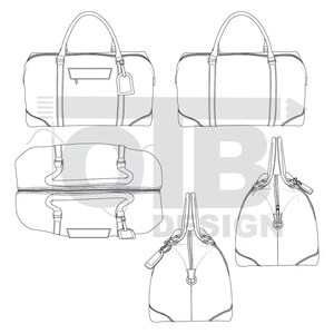 Illustrazione vettoriale di disegno tecnico piatto di borsa da weekend in pelle OTB, modello di schizzo vuoto classico, modello di progettazione Tech Pack Cad immagine 2