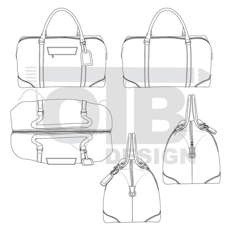 Illustrazione vettoriale di disegno tecnico piatto di borsa da weekend in pelle OTB, modello di schizzo vuoto classico, modello di progettazione Tech Pack Cad immagine 2