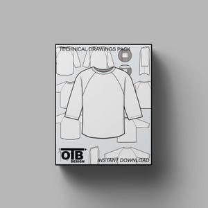 May include: Technical drawings pack for a long-sleeve shirt with a round neck and raglan sleeves. The pack includes multiple views of the shirt, including front, back, and side views. The text "OTB DESIGN" and "INSTANT DOWNLOAD" are visible at the bottom of the image.