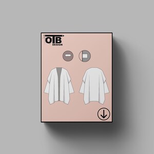 Könnte beinhalten: Eine digitale Illustration eines weißen Cardigans mit einem langen, offenen Vorderteil. Der Cardigan hat eine lockere Passform und wird in zwei Ansichten gezeigt: vorne und hinten. Die Illustration befindet sich auf einem rosa Hintergrund mit dem Text "OTB DESIGN" oben.