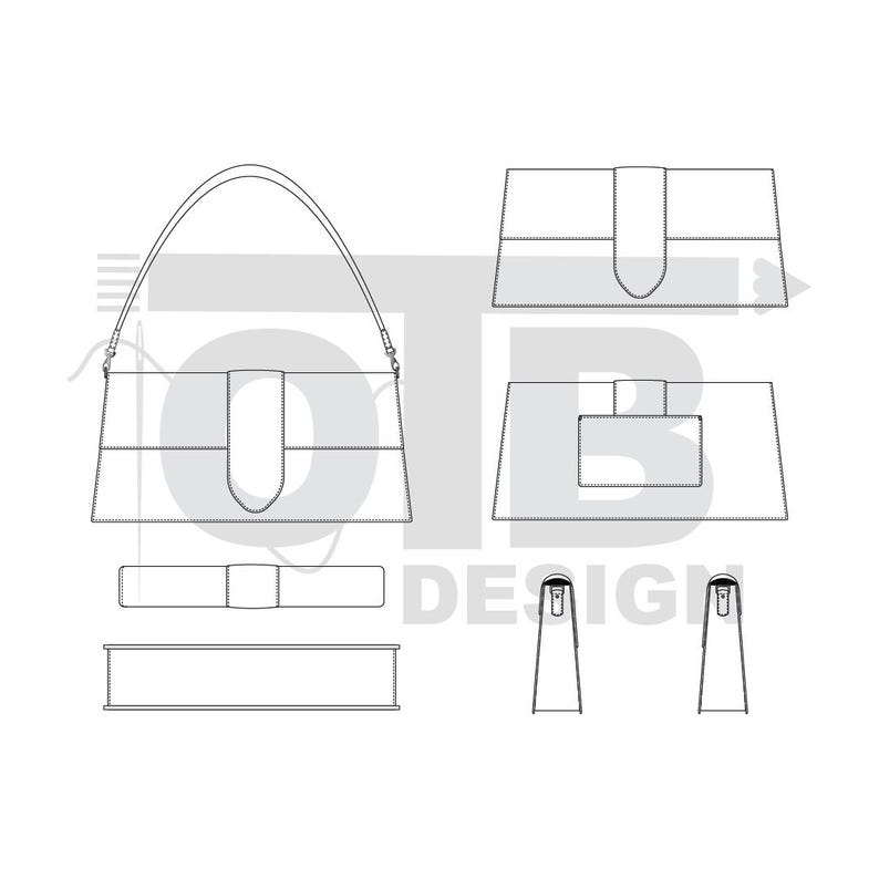 OTB ロング トラピーズ シェイプ フラップ ハンドバッグ ベクトル フラット テクニカル ドローイング クラシック ブランク スケッチ モックアップ テンプレート デザイン テック パック キャド 画像 2