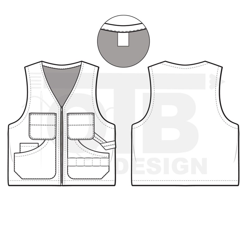 Painters Vest Zip Work Jacket Flat Technical Drawing Illustration Mock-up Template for Design Tech Pack Vector CAD Streetwear Editable image 2