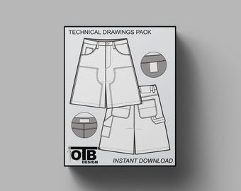 Ilustración de dibujo técnico plano vectorial de pantalones cortos de carpintero con doble rodilla, plantilla de maqueta de ropa de trabajo en blanco, paquete tecnológico CAD editable