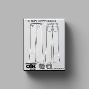 Ułożone dżinsy Wektor Płaski Rysunek techniczny Ilustracja Pusty Uliczny Makieta Szablon Projekt Tech Pack CAD Uliczny Dżins