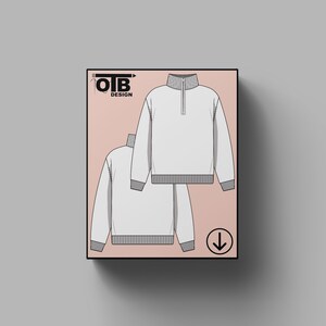 OTB Half Zip Sweater With Long Sleeves Vector Flat Technical Drawing Classic Blank Sketch Mock-Up Template Design Tech Pack Cad