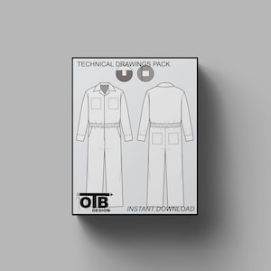 Op de afbeelding: Technisch tekenpakket voor een jumpsuit met voor- en achterkant. De tekening is in zwart-wit en bevat details zoals zakken en een riem. De tekst "TECHNICAL DRAWINGS PACK" en "INSTANT DOWNLOAD" is in de afbeelding opgenomen.