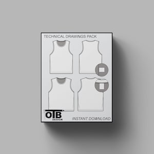 Puede incluir: Paquete de dibujos técnicos para una camiseta sin mangas. El paquete incluye cuatro vistas diferentes de la camiseta, incluyendo una vista frontal, una vista posterior y una vista lateral. Los dibujos están en blanco y negro y están etiquetados con el texto "Technical Drawings Pack" y "Descarga instantánea".