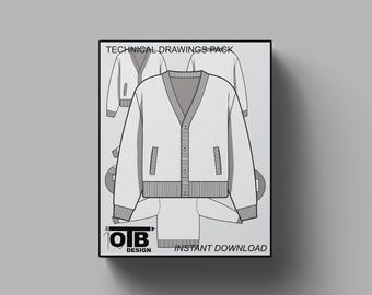 Plantilla de maqueta de ilustración de dibujo técnico vectorial plano de suéter tipo cárdigan corto para paquete tecnológico de diseño, CAD de moda, ropa urbana editable